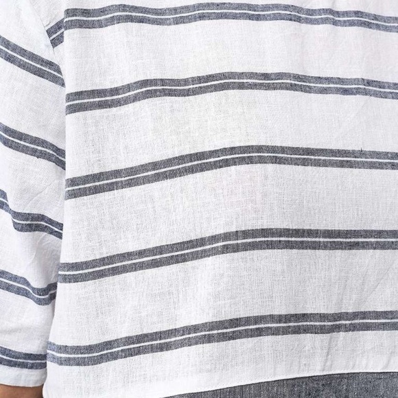 NEW Linen Blend Gray White Striped Short Sleeve Dress With Pockets SZ EU38 US6-8 - Picture 4 of 4